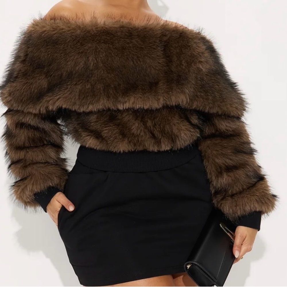 Brown Faux Fur Off-Shoulder Top